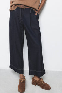 Pantaloni wide leg in denim con impunture a contrasto