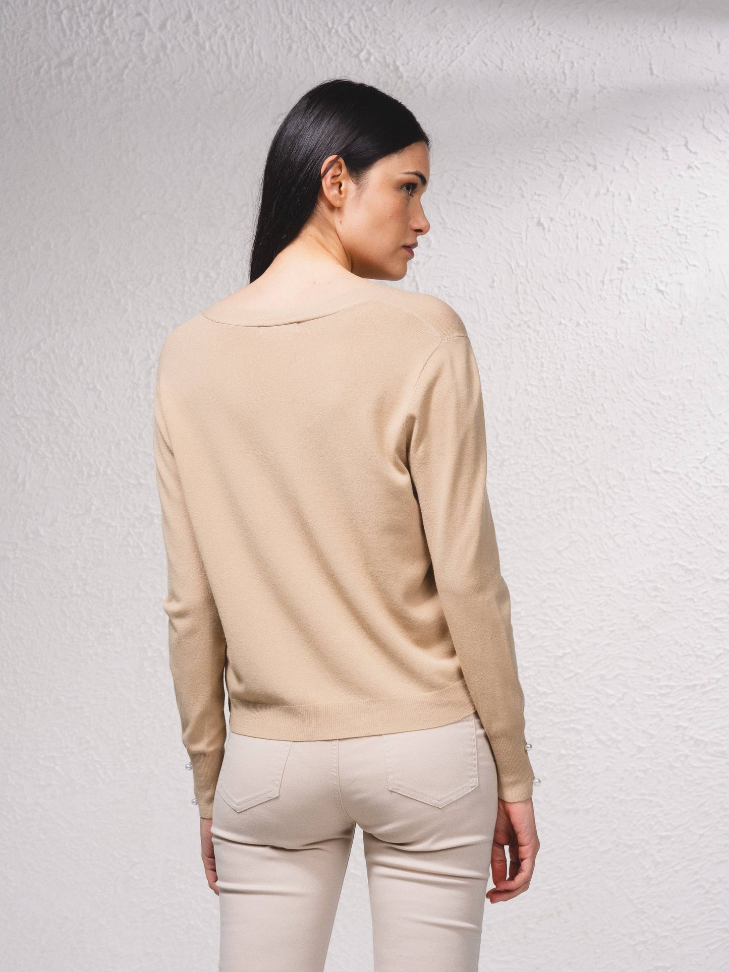 Maglione cache-cœur in maglia fine con perle