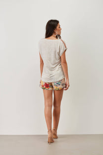 Pantaloncini donna in viscosa e lino con stampa floreale