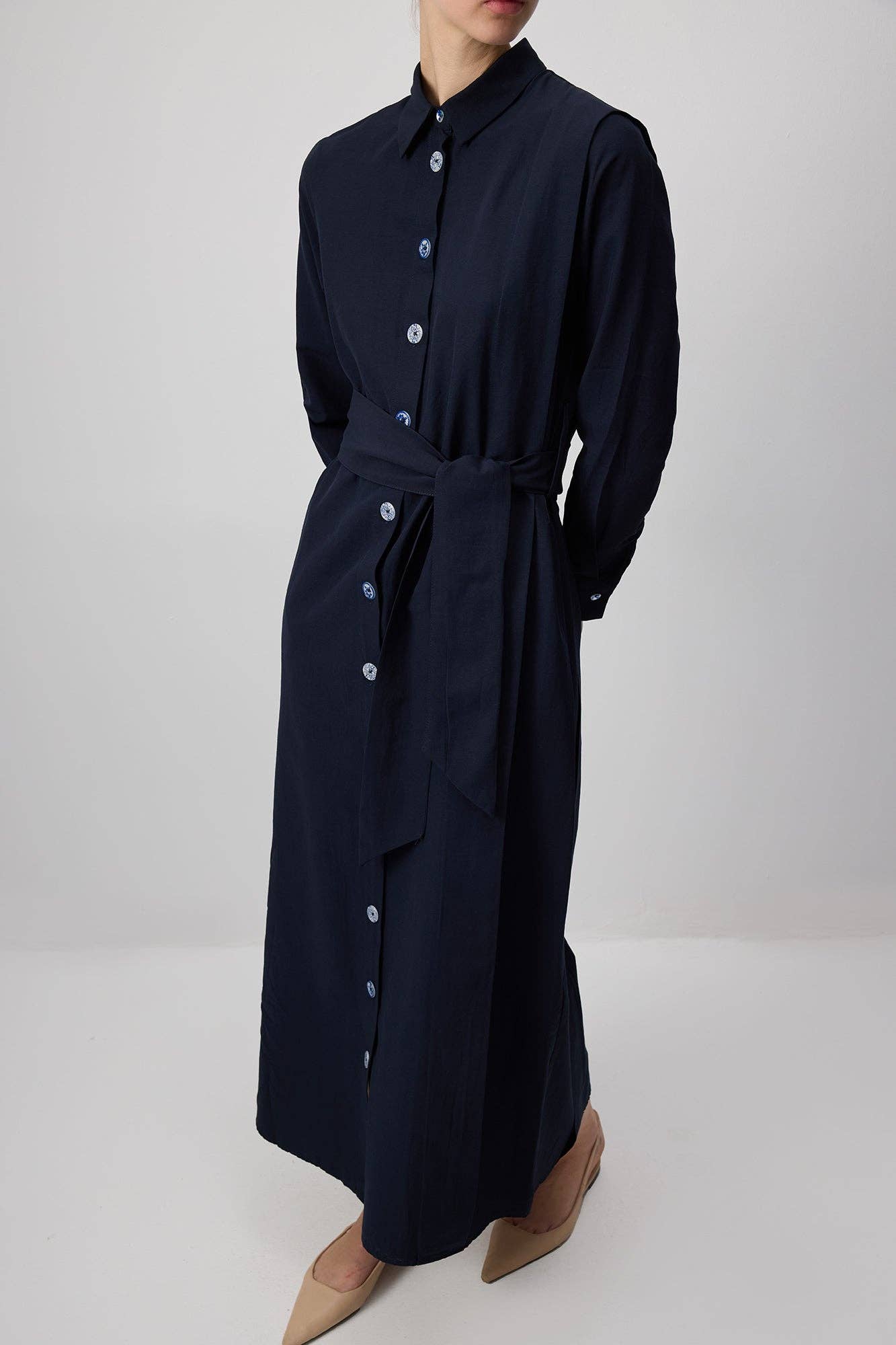 Abito camicia midi in popeline blu navy con cintura