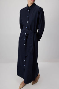 Abito camicia midi in popeline blu navy con cintura
