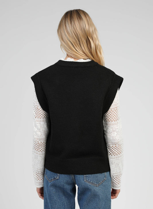 Cardigan smanicato Nolwen nero con ricamo di perle