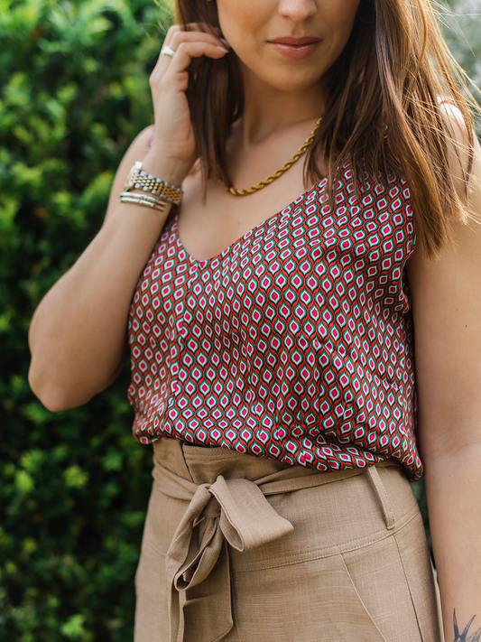 Top in viscosa con stampa geometrica rosso arancio