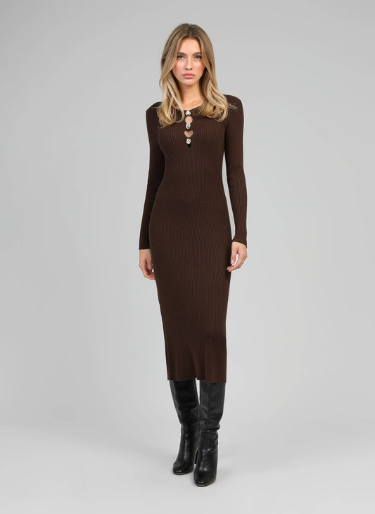 Abito lungo a coste con bottoni gioiello