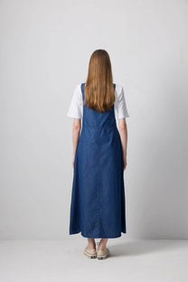 Abito maxi salopette plissé effetto denim