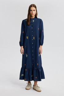 Abito camicia maxi ricamato in misto cotone