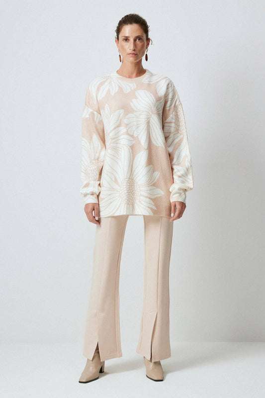 Maglione oversize beige con maxi fantasia floreale