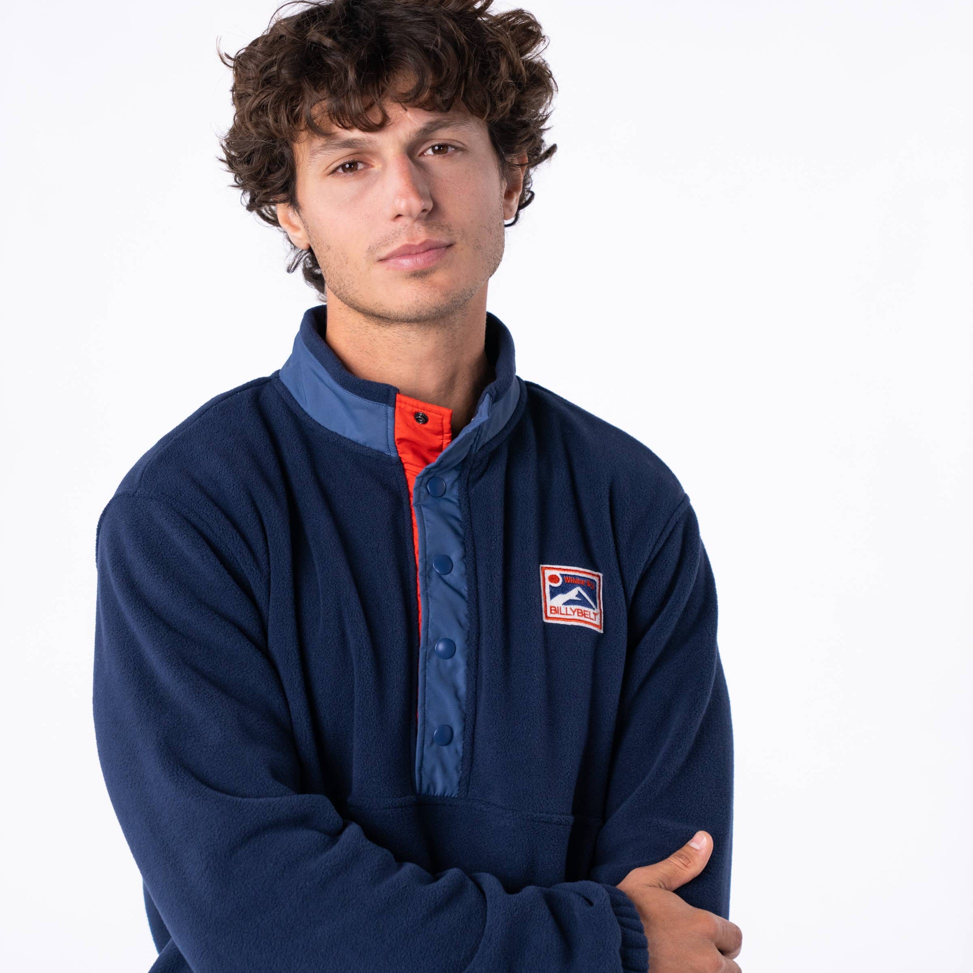 Felpa in pile blu navy con colletto a bottoni