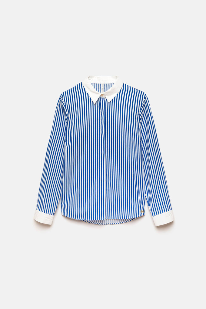 Camicia a righe blu con colletto e polsini a contrasto