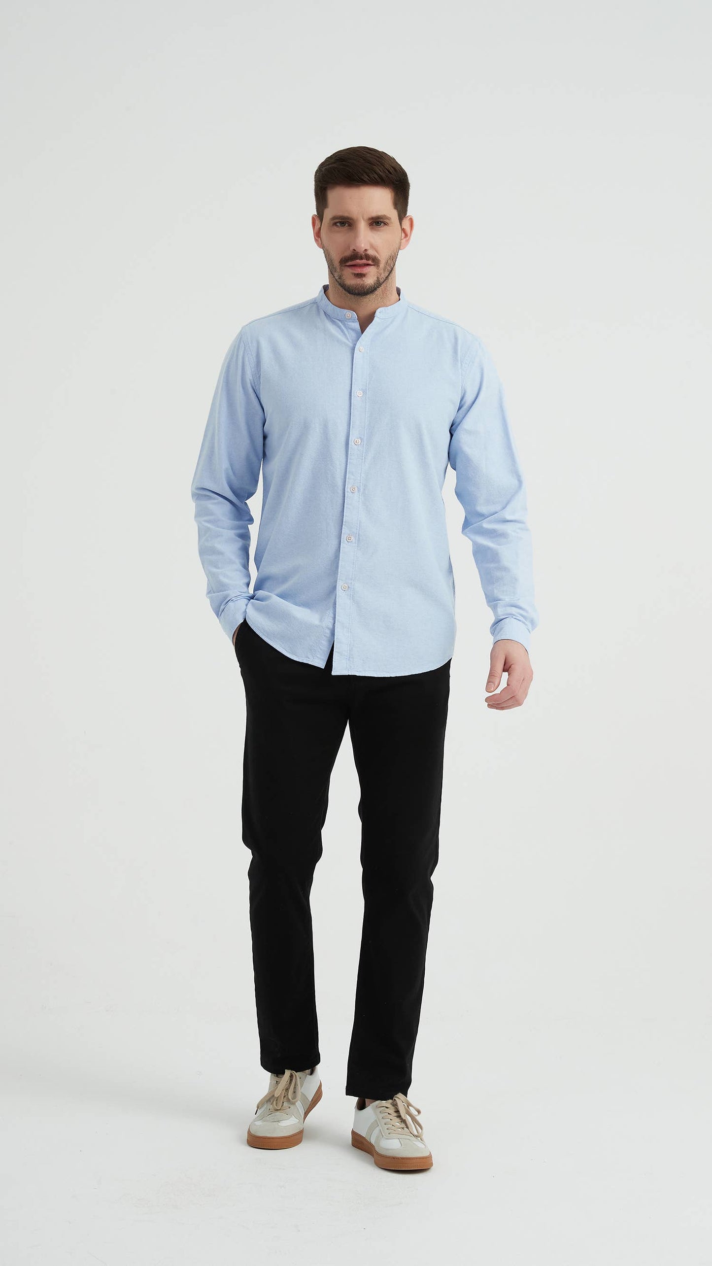 Camicia oxford blu con collo alla coreana