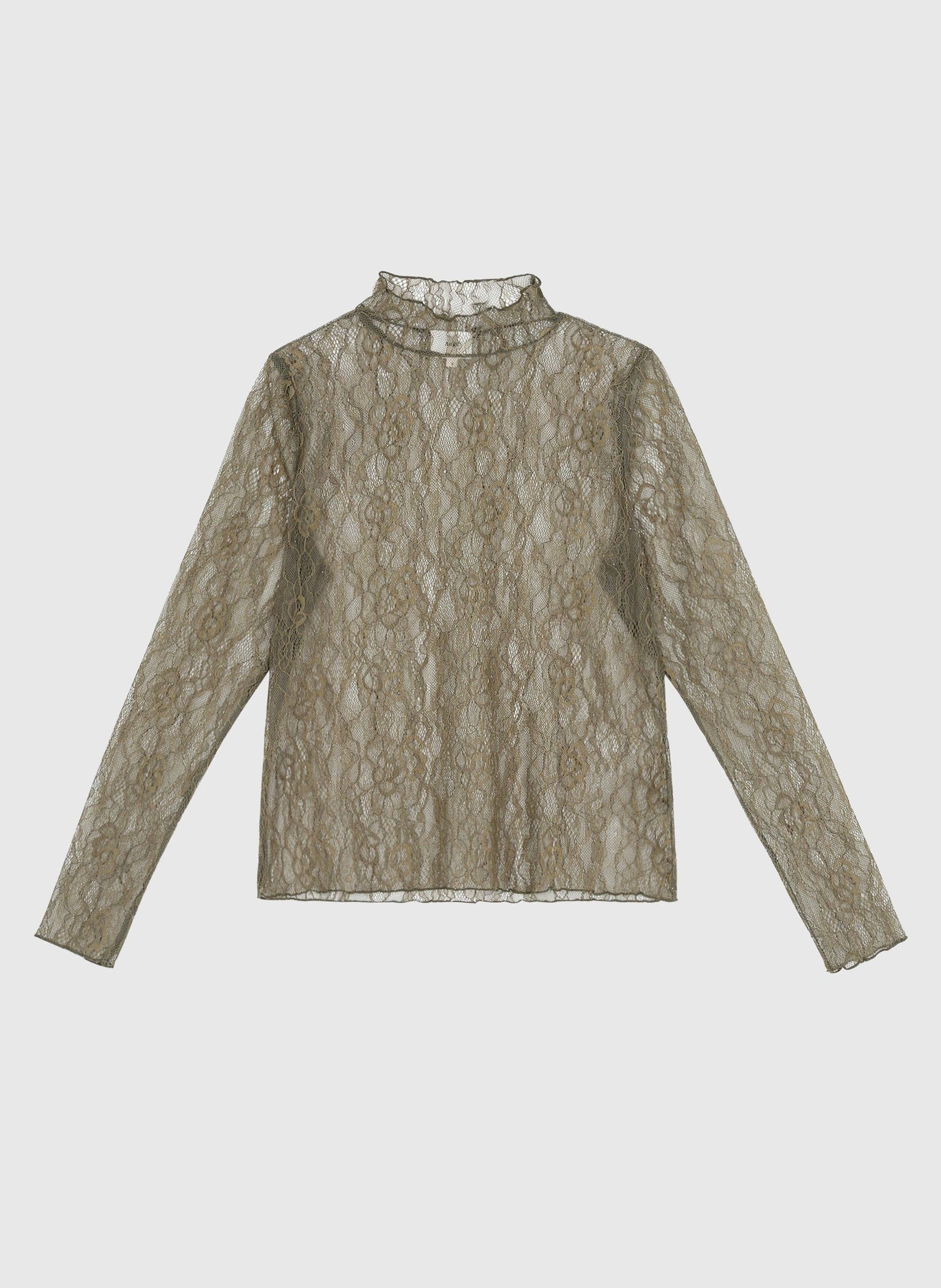 Top in pizzo kaki a collo alto