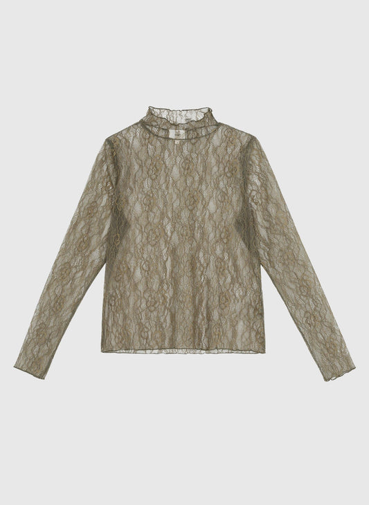 Top in pizzo kaki a collo alto