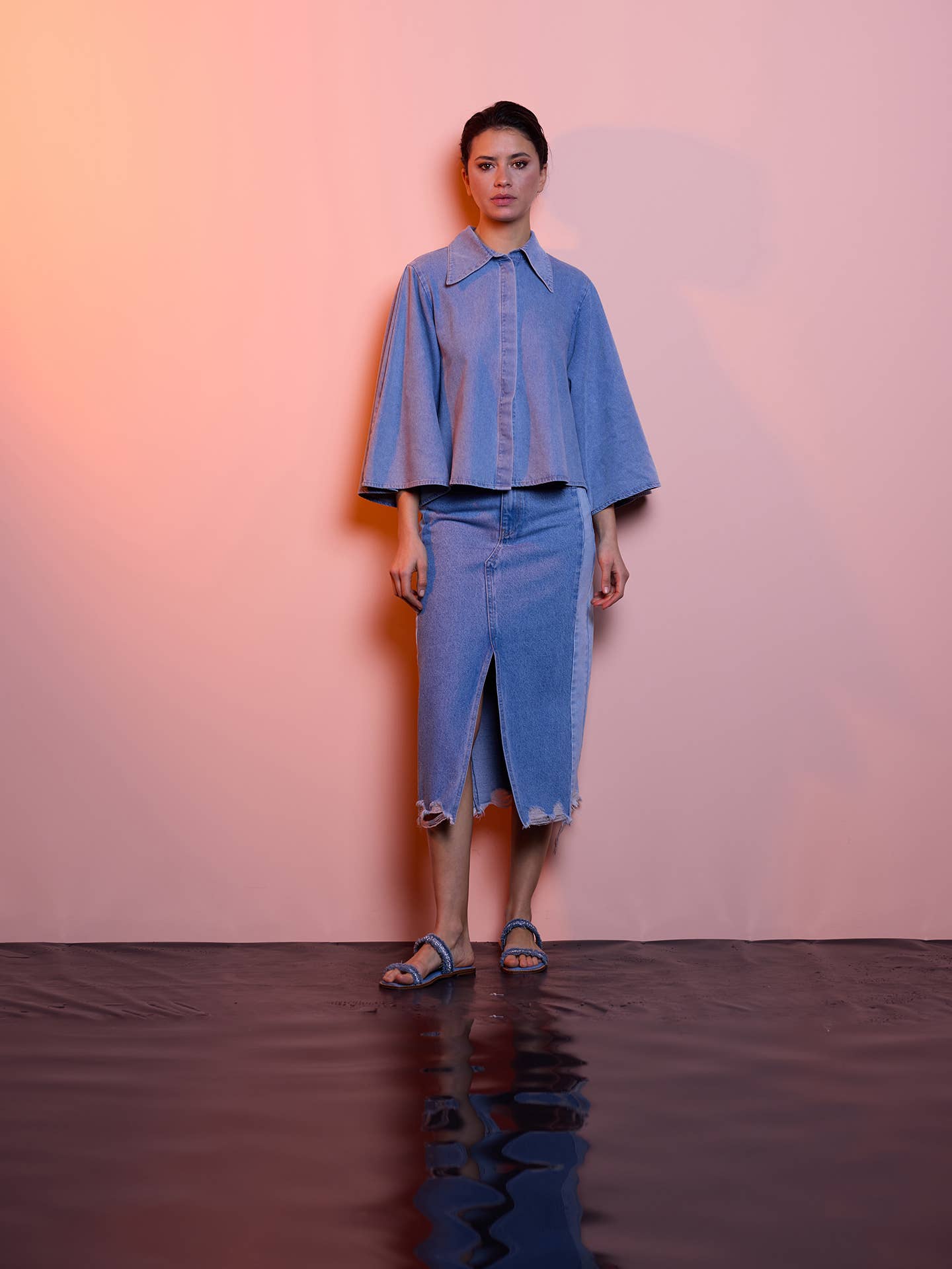 Blusa denim in cotone con maniche ampie