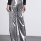 Pantaloni metallizzati argento a vita alta