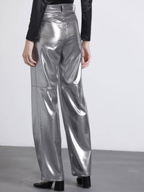 Pantaloni metallizzati argento a vita alta