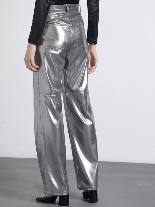 Pantaloni metallizzati argento a vita alta