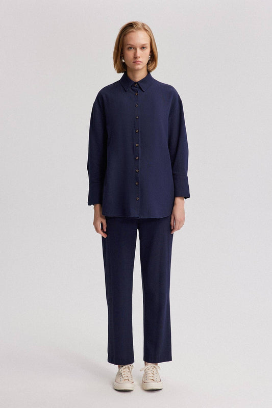 Camicia oversize effetto lino blu navy