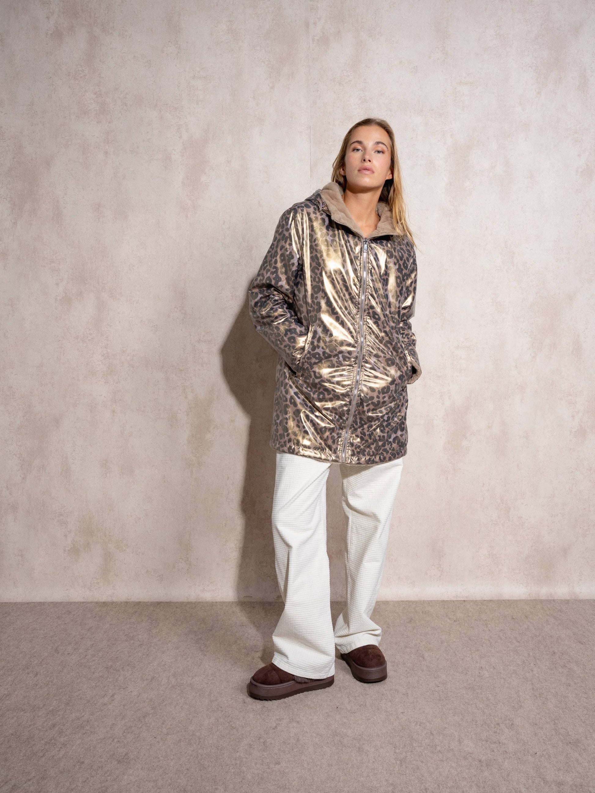 Parka impermeabile reversibile con cappuccio animalier