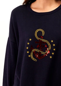 Maglione girocollo con ancora ricamata e paillettes