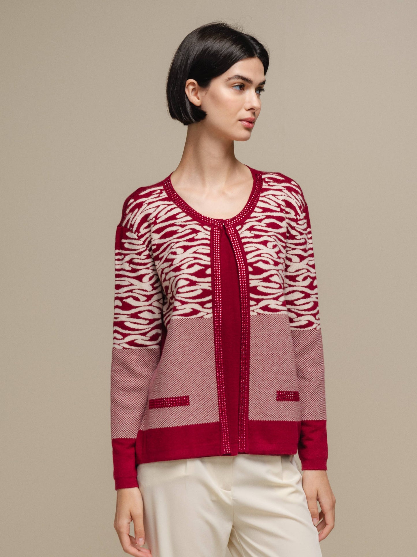 Cardigan donna in maglia jacquard animalier bicolore