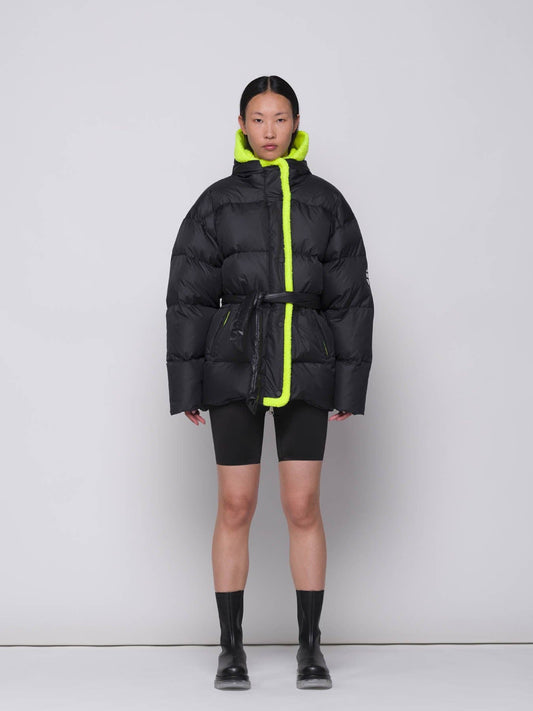 Piumino puffer con cintura bicolore nero e giallo fluo