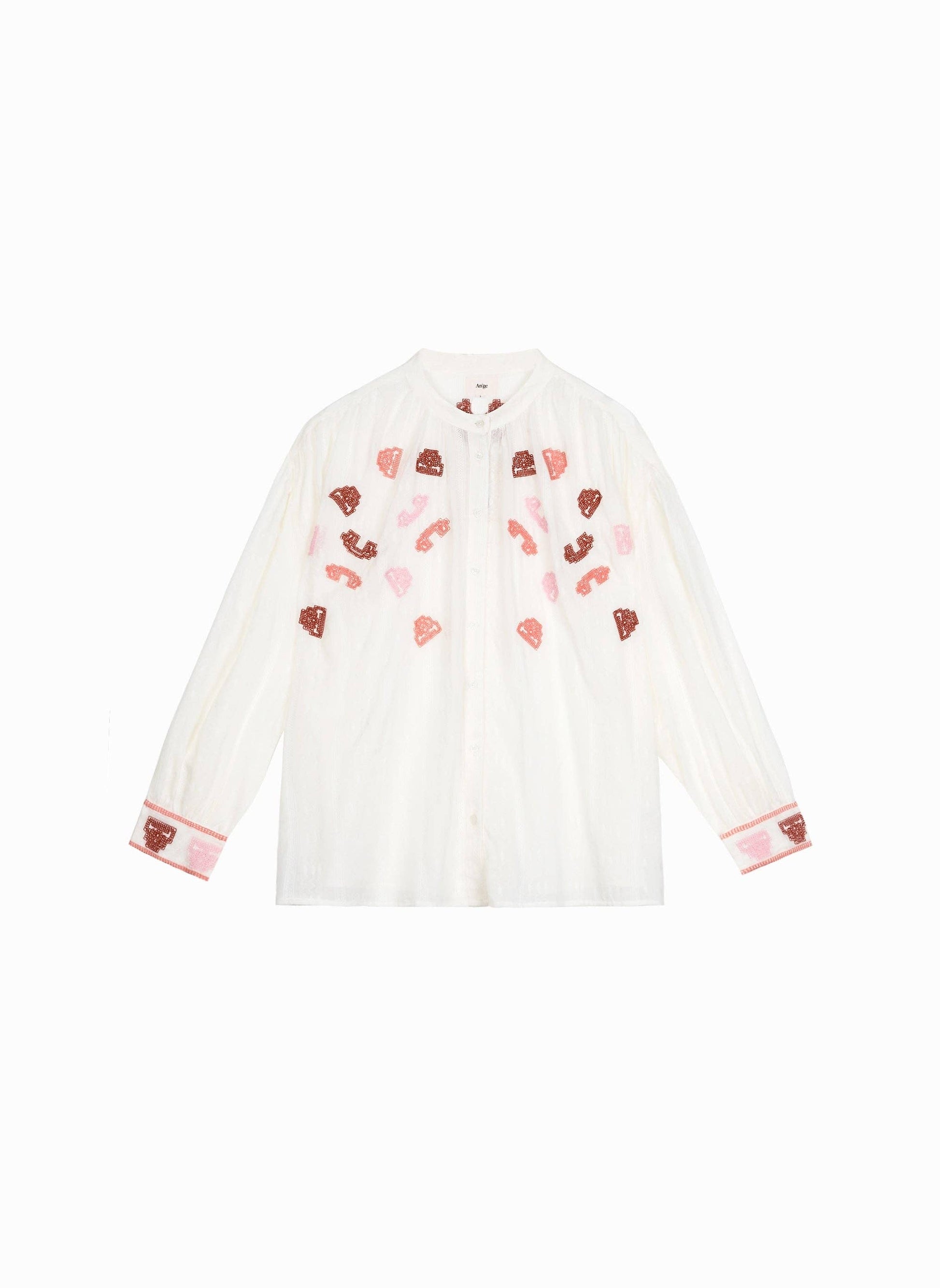 Camicia ricamata in voile di cotone ecrù