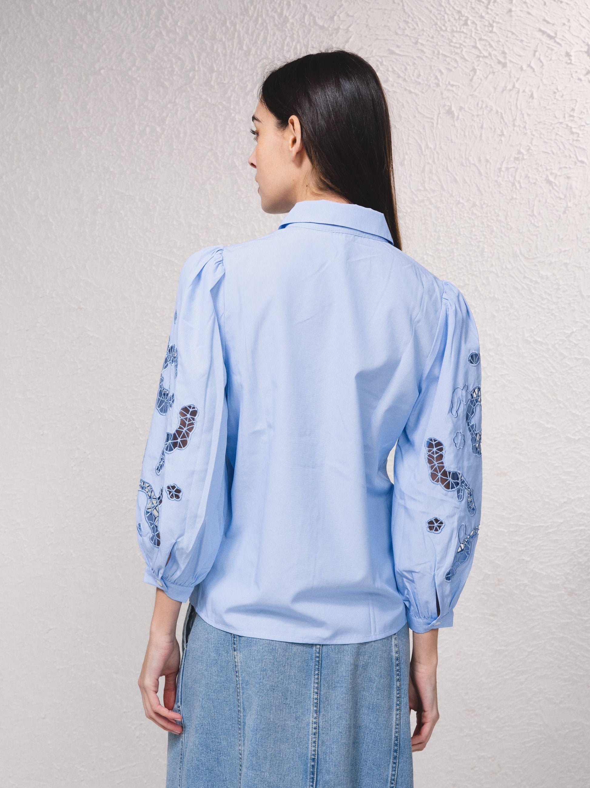 Blusa azzurra con maniche ricamate