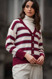 Cardigan a righe bordeaux con scollo a V