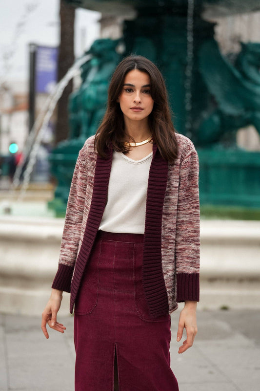 Cardigan cappotto in maglia melange con collo a scialle