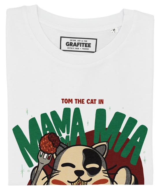 T-shirt unisex in cotone biologico con stampa gatto e spaghetti