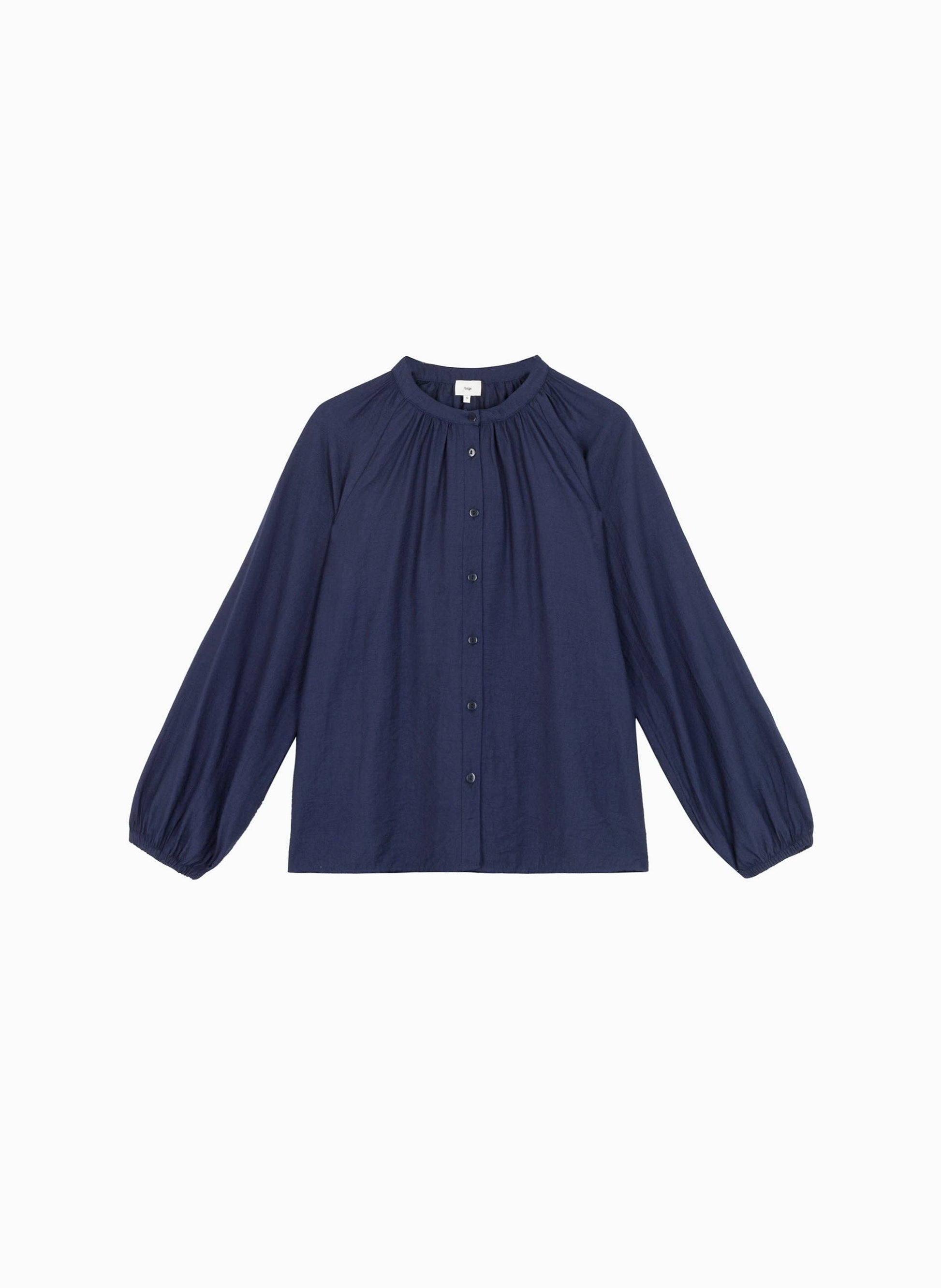 Blusa in crêpe blu marino senza colletto