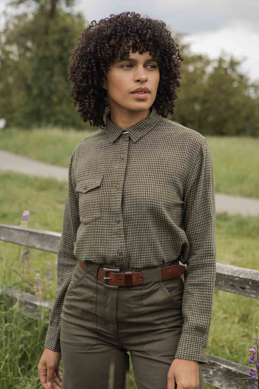 Camicia Bird a quadretti oliva in cotone biologico