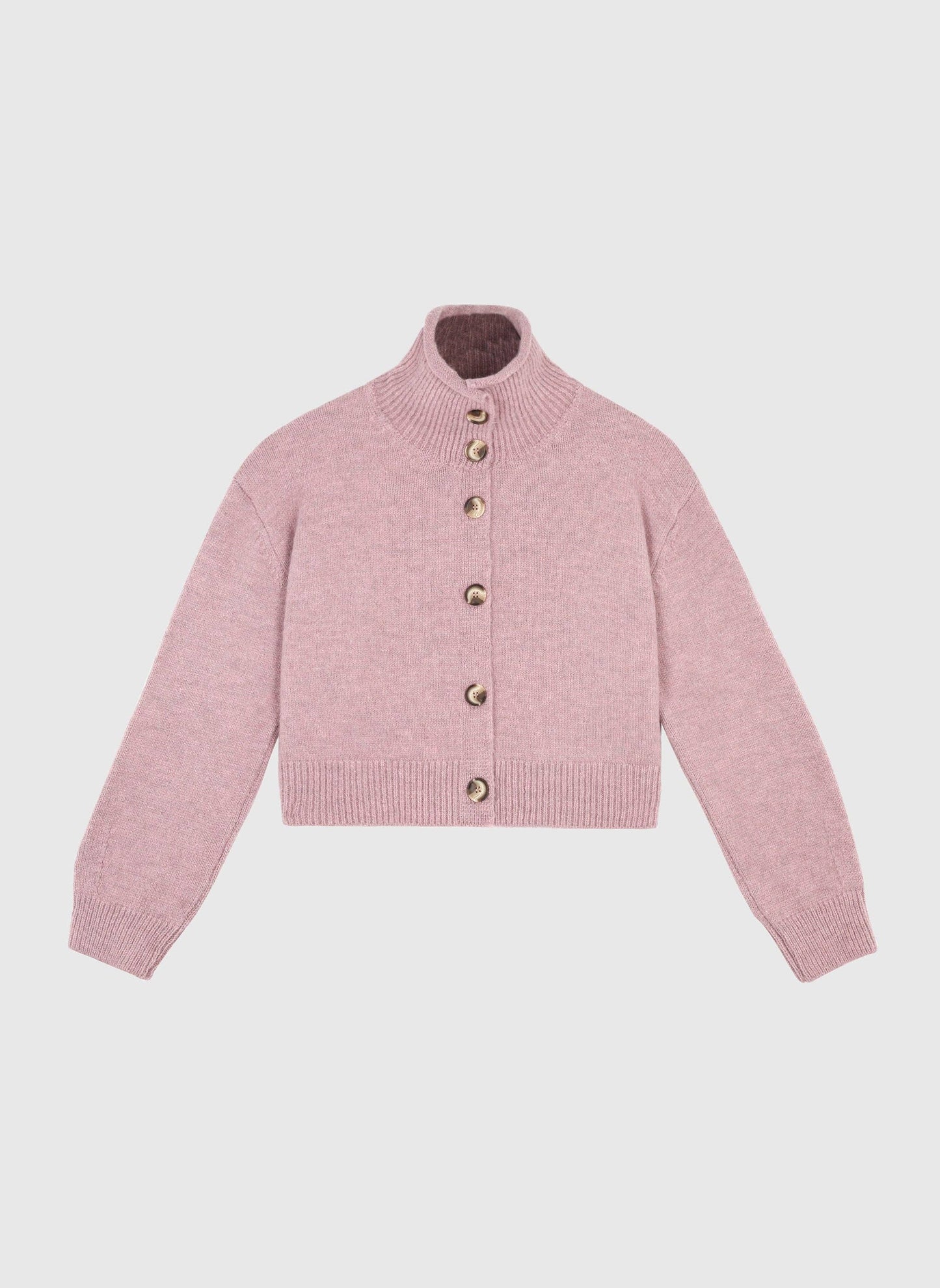 Cardigan in maglia rosa antico con collo alto e bottoni