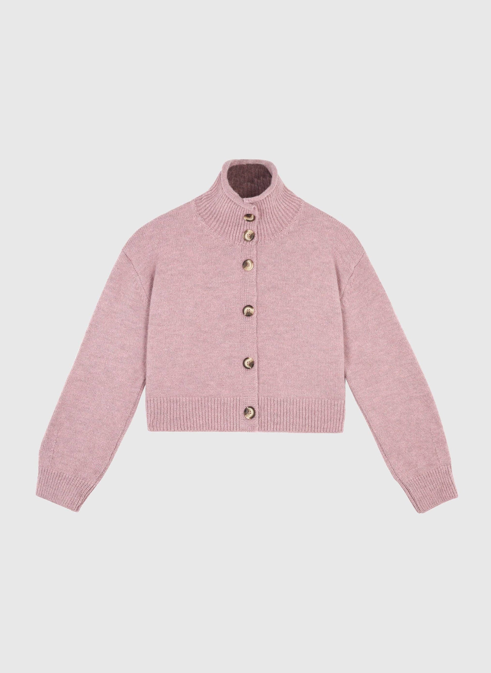 Cardigan in maglia rosa antico con collo alto e bottoni