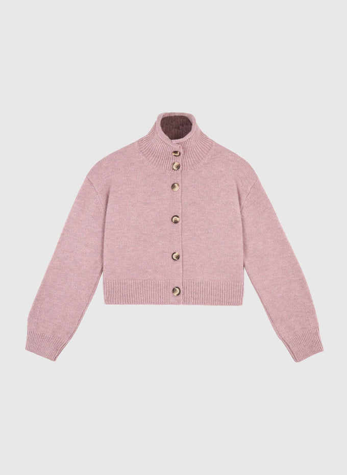 Cardigan in maglia rosa antico con collo alto e bottoni