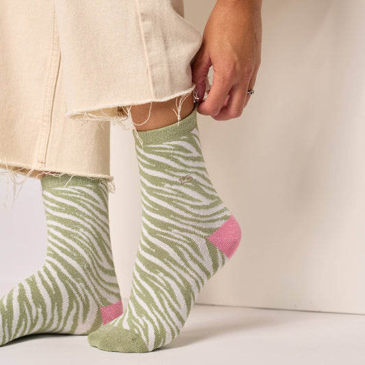 Calzini glitterati zebrati in cotone pettinato verde e bianco