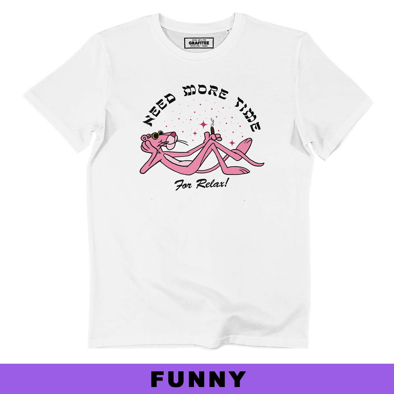 T-shirt unisex in cotone biologico “Need More Time” con grafica Pantera Rosa