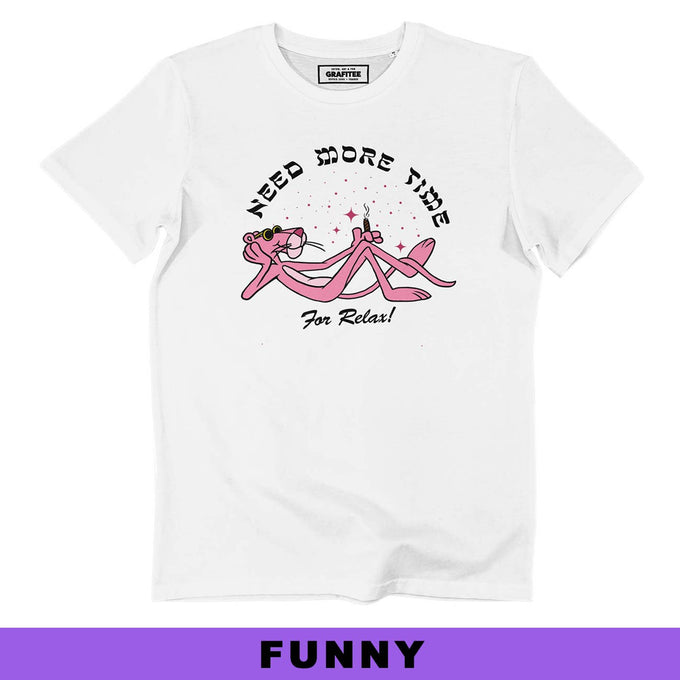 T-shirt unisex in cotone biologico “Need More Time” con grafica Pantera Rosa