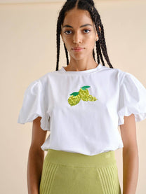 T-shirt bianca con paillettes a limone
