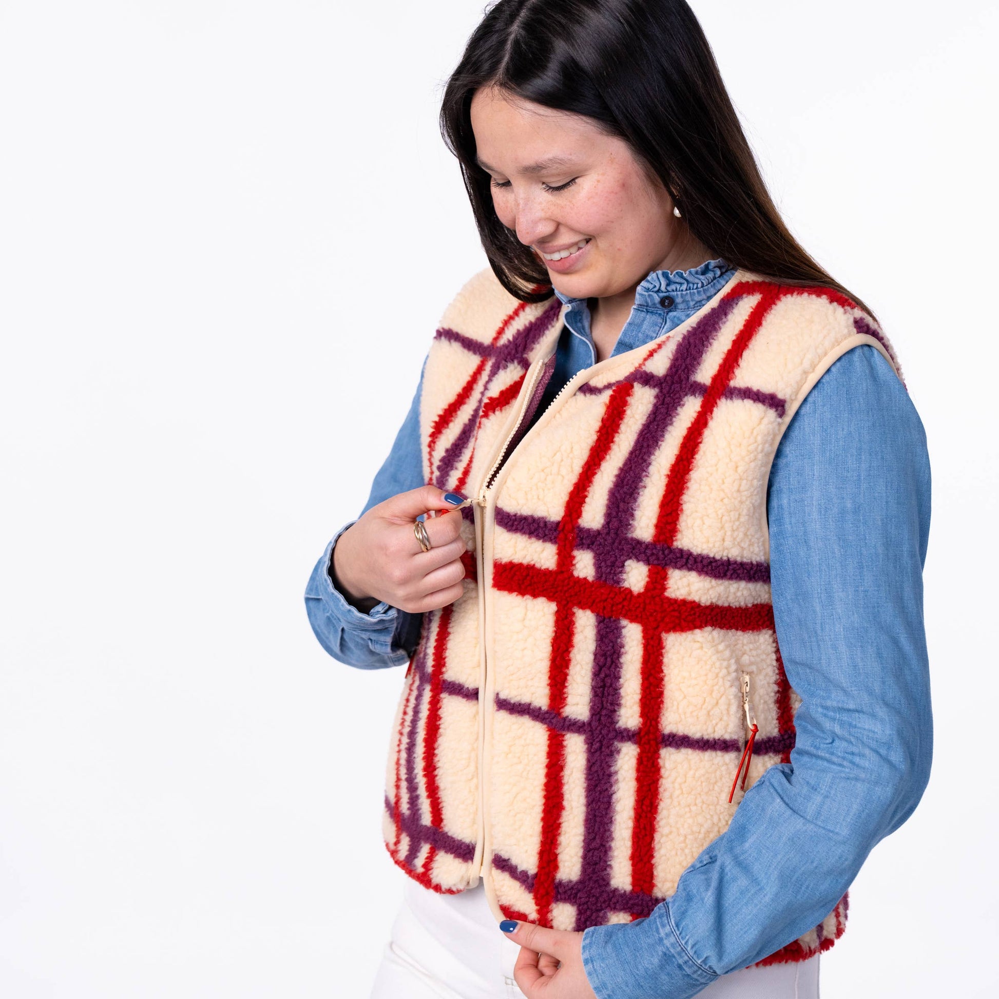 Gilet donna sherpa a quadri con zip