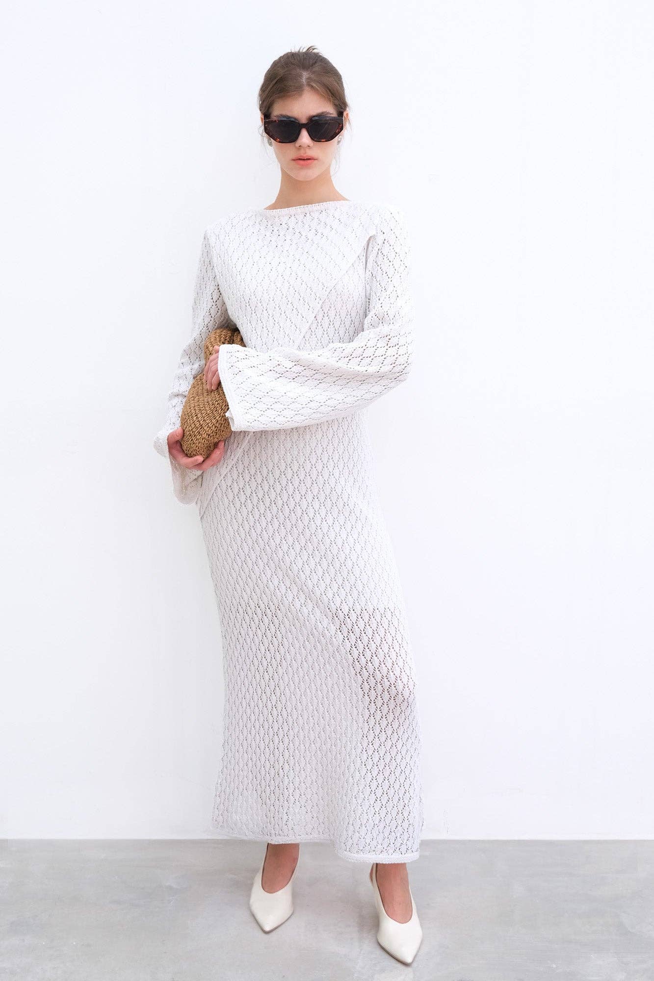 Abito lungo in crochet a maniche lunghe in misto cotone