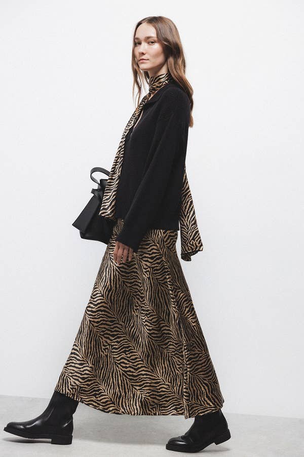 Gonna midi in raso animalier con vita elasticizzata