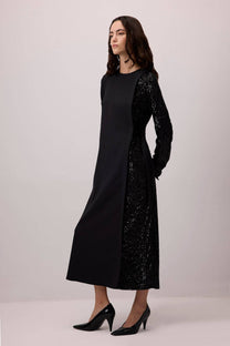 Abito midi in crêpe con paillettes a contrasto