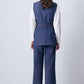 Set in denim con gilet e pantaloni con cintura