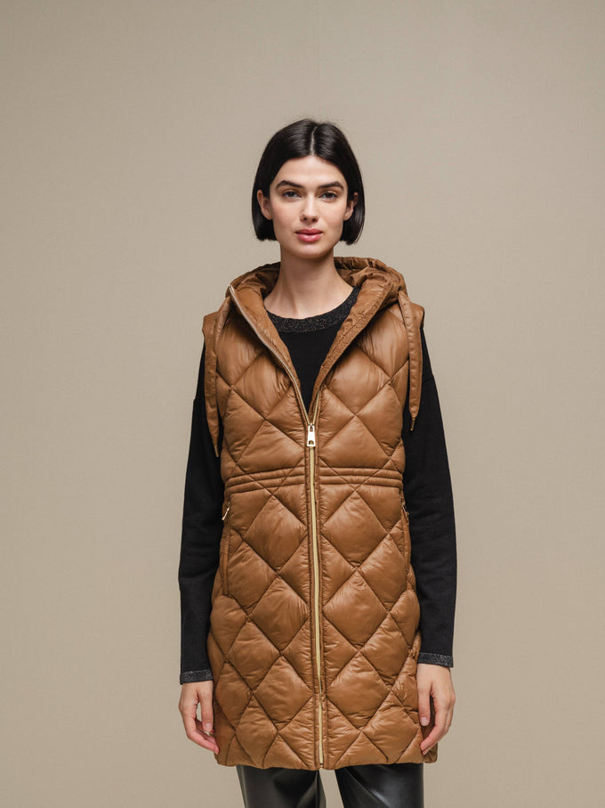 Gilet imbottito lungo con cappuccio da donna