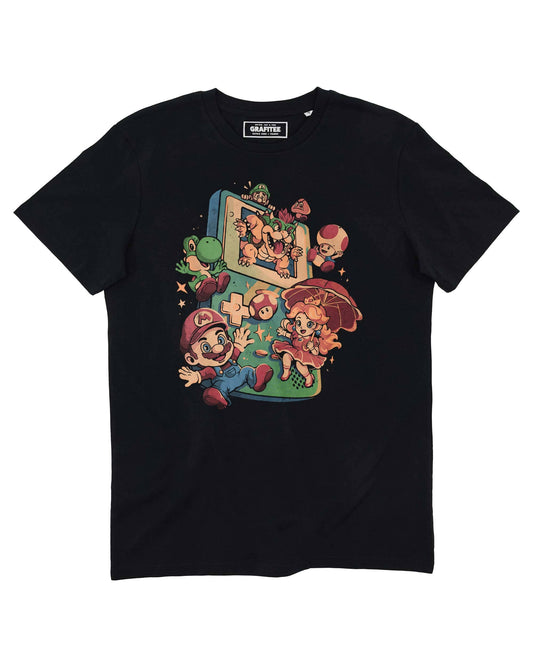 T-shirt nera con stampa gaming in cotone biologico