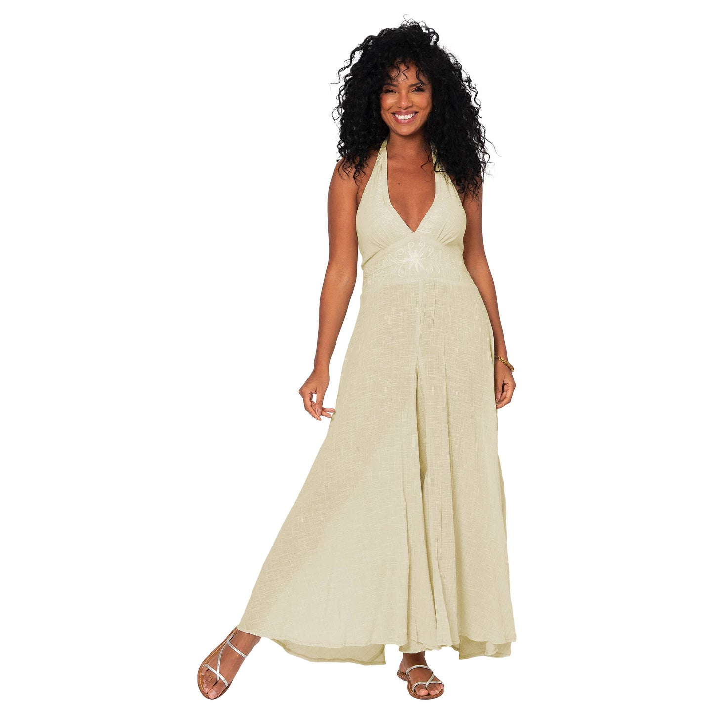 Tuta lunga estiva boho in cotone color crema