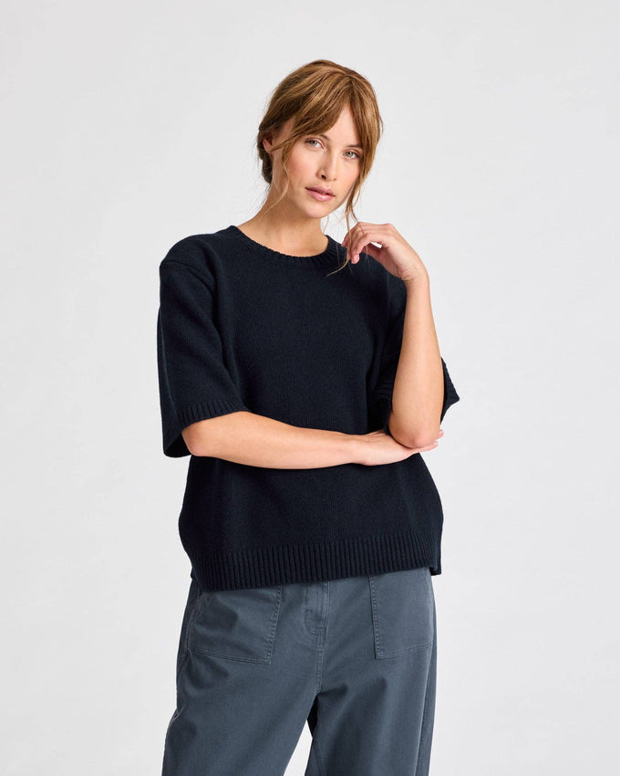 Maglione in lana d’agnello biologica a maniche corte Blu Notte