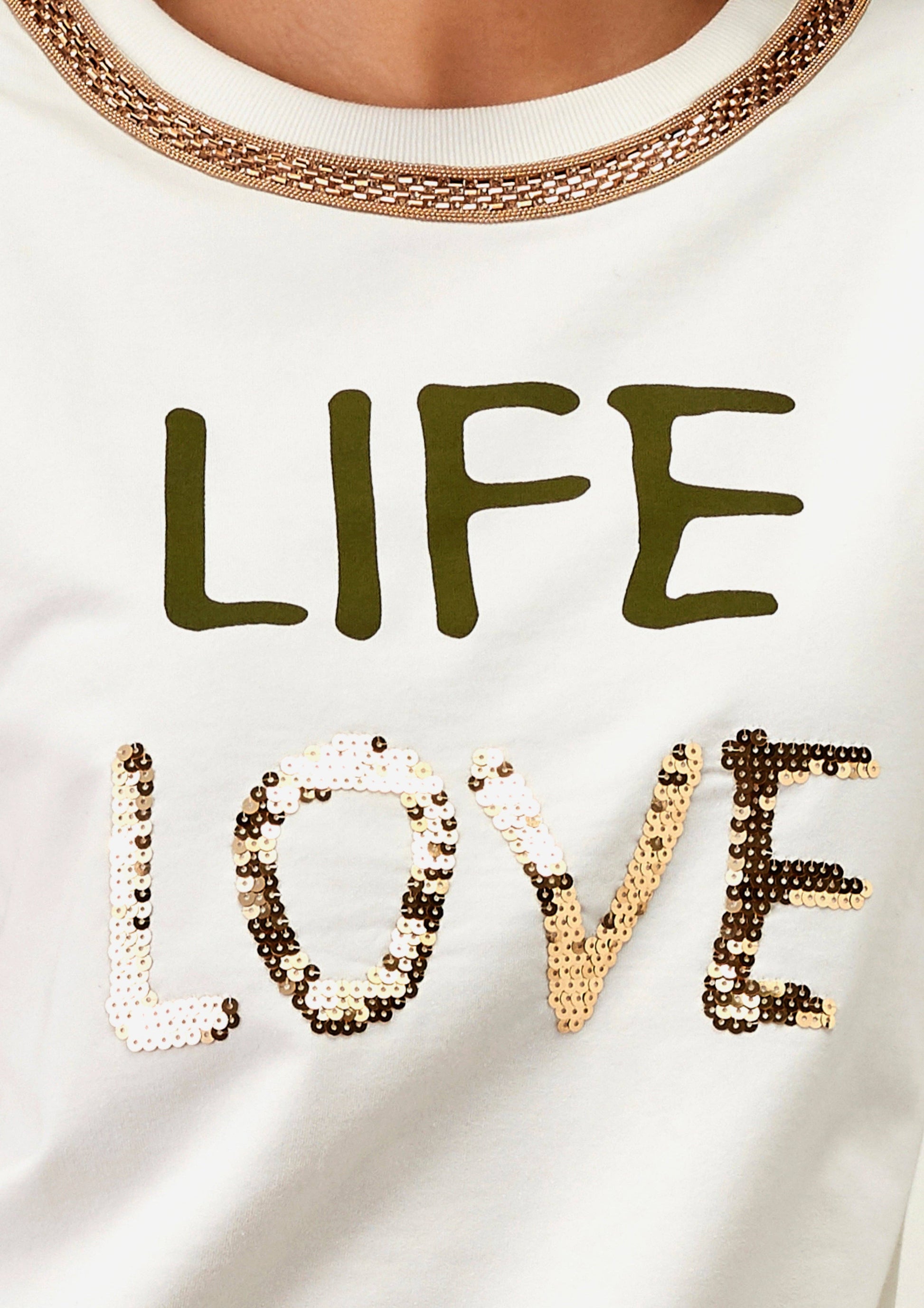 Felpa bianca con paillettes e scritta Life Love