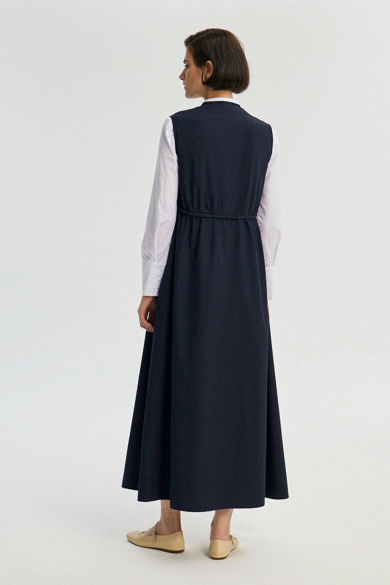 Gilet lungo in popeline arricciato blu navy